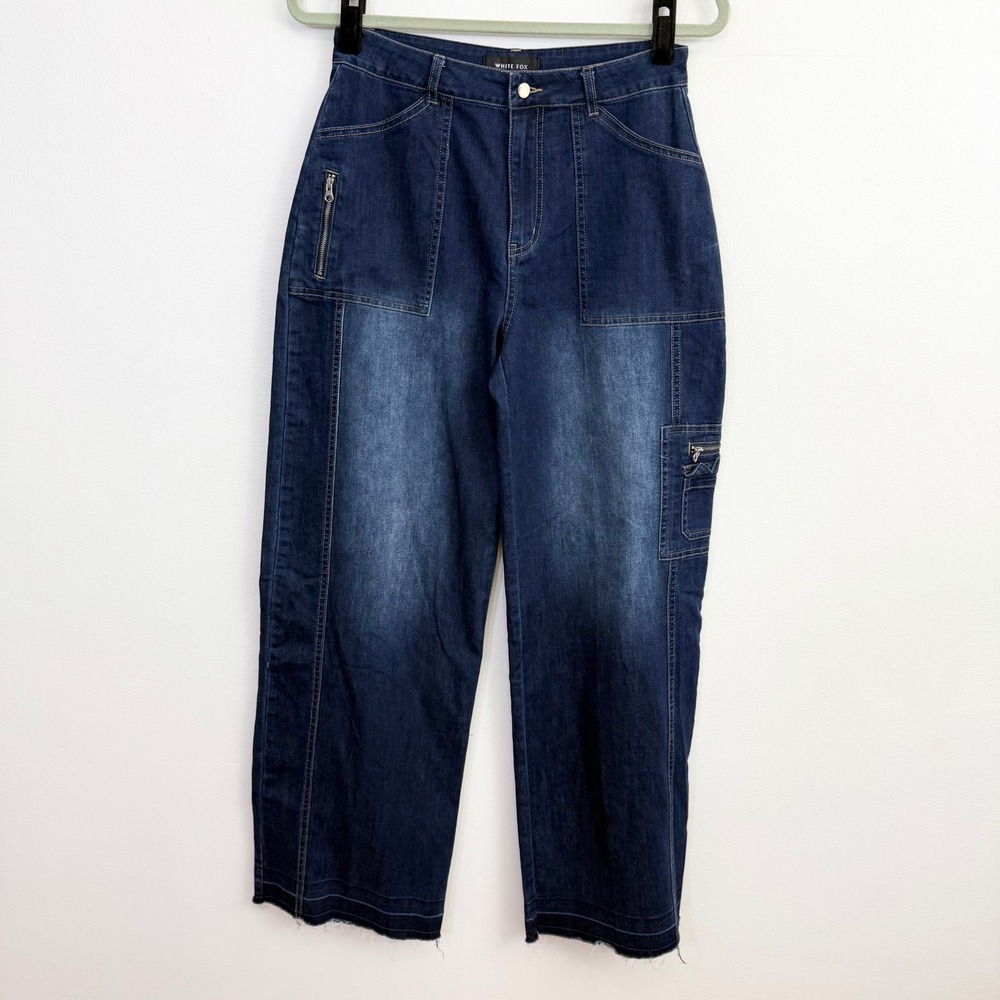 White Fox Cargo Wide Leg Jeans Dark Wash High Rise Raw Hem Size S